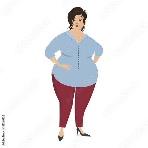 Cute plump woman in red trousers and blue blouse, isolated on a white background. Vector illustration