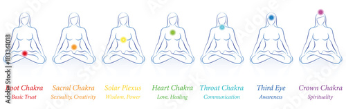 Obraz na plátně Chakras - meditating woman in sitting yoga meditation with seven colored main chakras and their names and meanings - Isolated vector illustration on white background