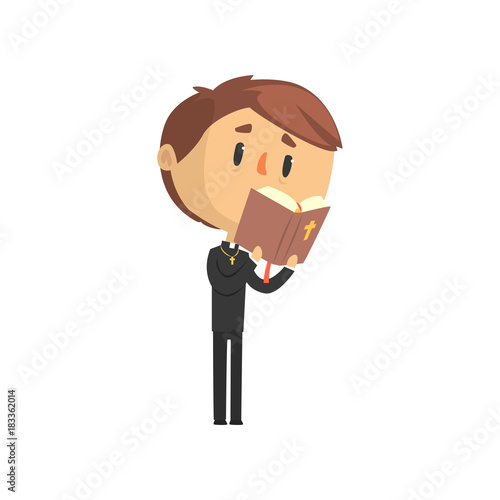Young priest character reading bible book, catholic preacher, holy father cartoon vector illustration