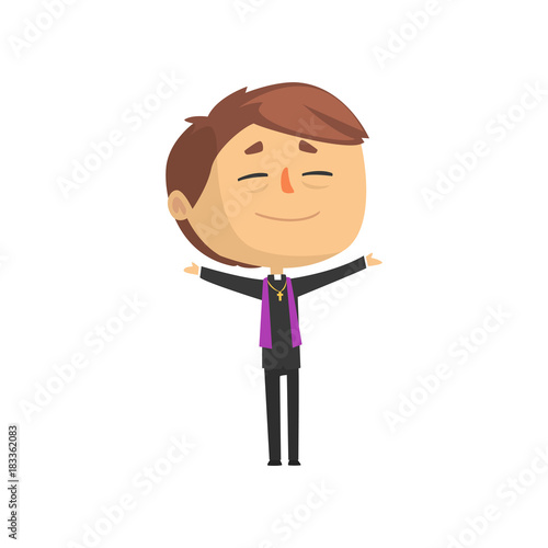 Young catholic priest character preaching, holy father cartoon vector illustration