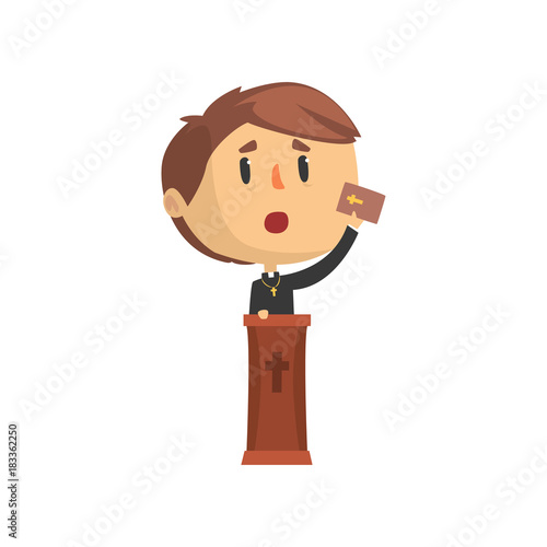 Priest character giving speech from tribune, catholic preacher, holy father in robe cartoon vector illustration