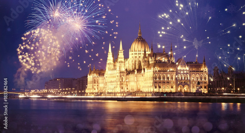 Photography new Year in the city - Budapest Parliament with fireworks