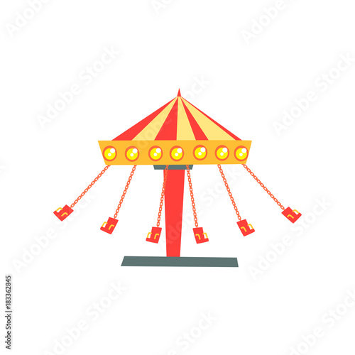 Cartoon icon of swinging carousel with seats on chains in motion. Children's attraction. Amusement park or funfair. Flat vector design for banner, poster, flyer