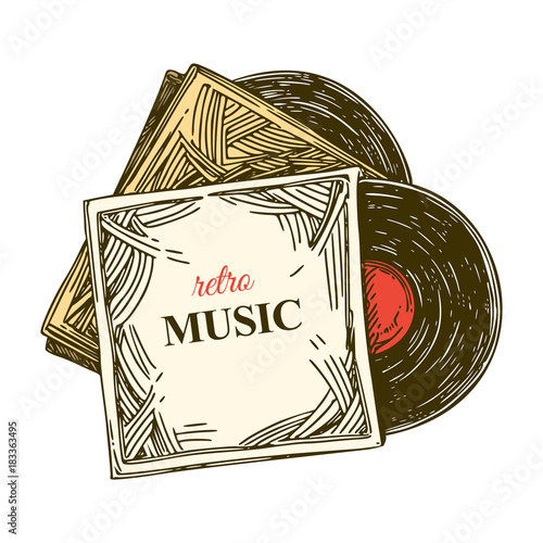 Stack old vinyl records. Engraving style. Vector illustration.