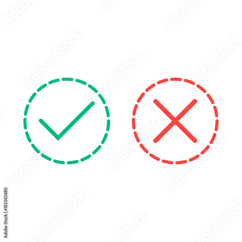 Thin line check mark icons. Green tick and red cross checkmarks flat line icons set. Vector illustration isolated on white background