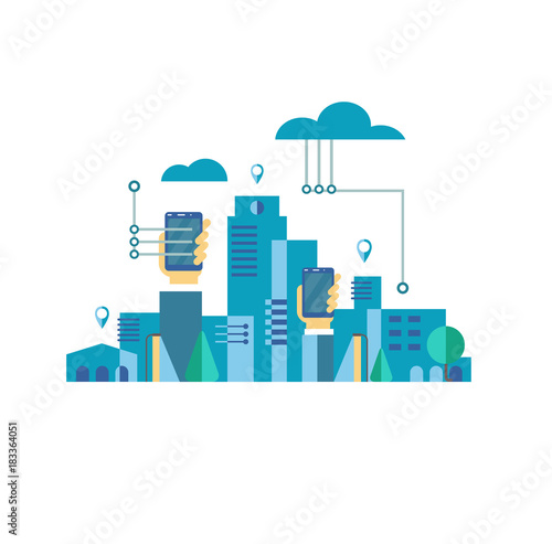 concept of big city. metropolis, skyscraper and businessman. Remote control and mobile system project. cloud storage. IT concept. The hand is holding a mobile phone. Communication in the city


