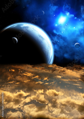 Fototapeta Naklejka Na Ścianę i Meble -  Beautiful sunset with storm sky and planets