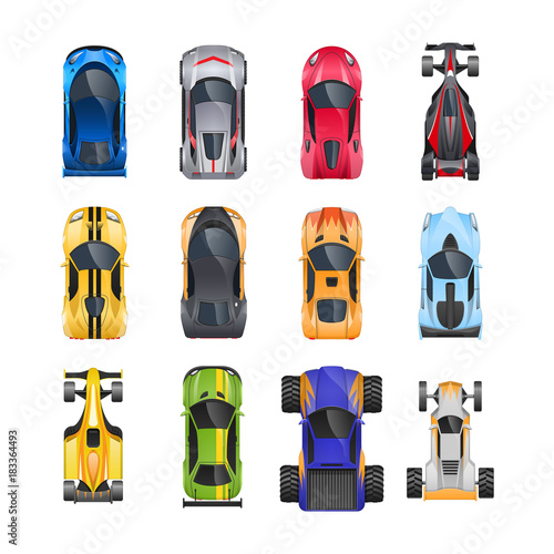 Set of different sports cars, different colors, characteristics, brands, types.