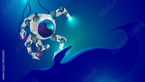 Underwater robot explores deep ocean. deep-water small submarine with robotic arms immersed on seabed. Man in bathyscaphe controls robotics manipulators. Deep spotlights illuminate blue whale.