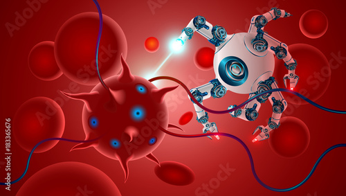 Microscopic nano robot kills disease-causing bacteria inside the human body. nano robot in blood flow among cells hemoglobin. Innovation technology in medicine. Future concept.