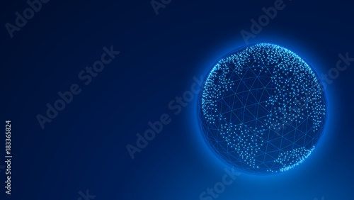 Globe earth on blue technology background. wireframe, line and light dots. Global communications future concept.