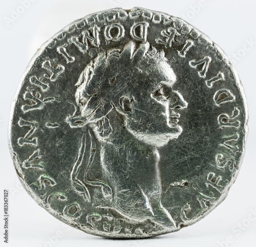 Fotografija Ancient Roman silver denarius coin of Emperor Domitian. Obverse.