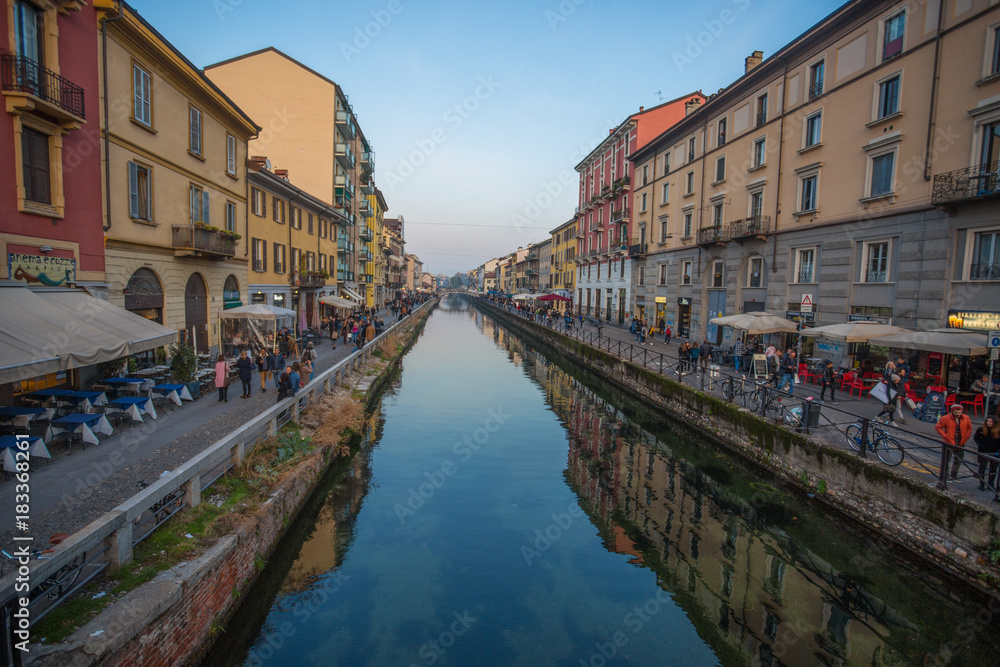 MILAN, ITALY, NOVEMBER 11, 2017 - The Naviglio Grande canal in Milan, Italy