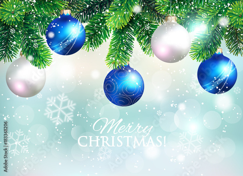 Christmas background with fir branch border and Christmas balls. Vector illustration.