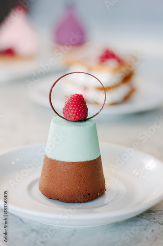 Delicious layered dessert cake with chocolate, souffle and raspberry. photo