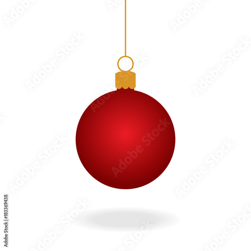 Realistic red christmas ball ornament, vector graphic illustration. Red xmas ball on string with shadow under.