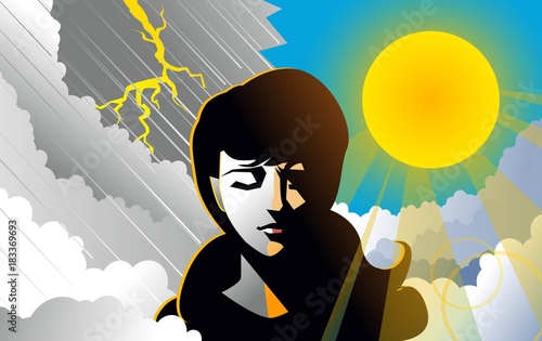 bipolar woman with rain and sun backgrounds