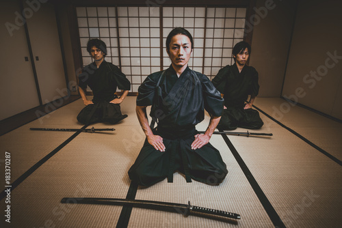 Samurai training in a traditional dojo, in Tokyo