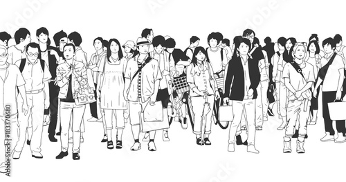 Illustration of city crowd with tourists, shoppers, workers and businessmen in black and white