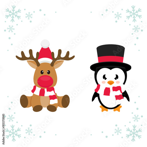 cartoon christmas deer and cute penguin