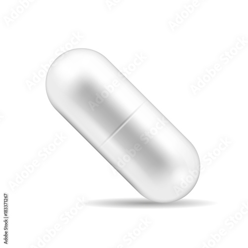 Realistic pill or tablet in capsule form. Caplet-shaped tablet isolated on the white background. Medicine and drugs.