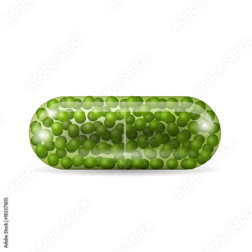 Capsule pill isolated on the white background. Tablet in caplet form with green granules inside it. Medicine and drugs realistic vector illustration.