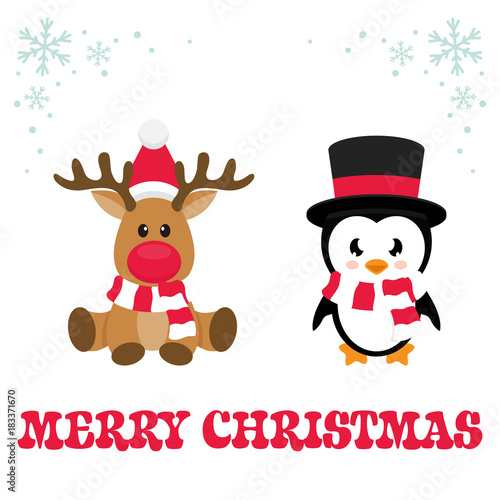 cartoon christmas deer and cute penguin with text © julia_january