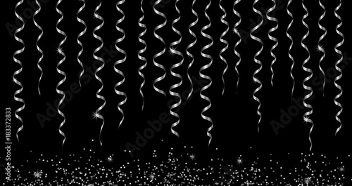 Vector silver ribbon streamers hanging from above, isolated on black background