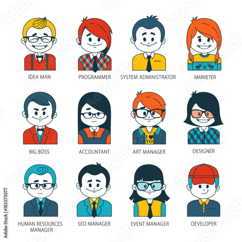 Set of people icons in flat style with faces. Vector women, men character Collection of professions in IT company