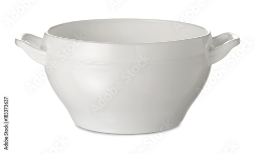 Empty white ceramic bowl for soup, isolated on white background.