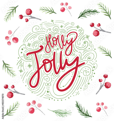 Christmas card design with holly berries and branches. Festive watercolor new year ornament for greetings.