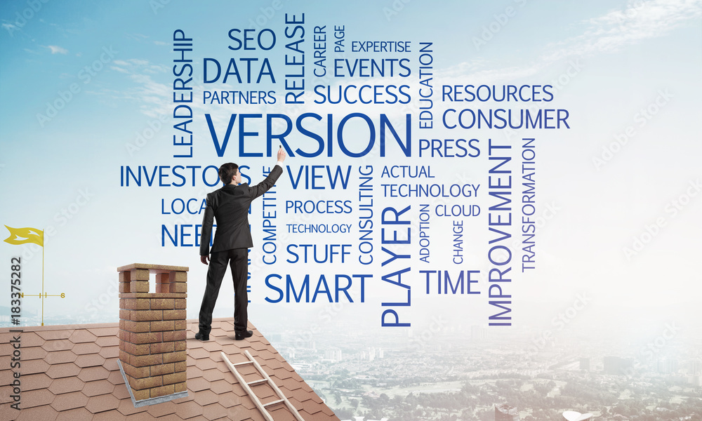 Young businessman standing on house roof and writing leadership skill concept. Mixed media Young businessman standing on house roof and writing leadership skill concept. Mixed media