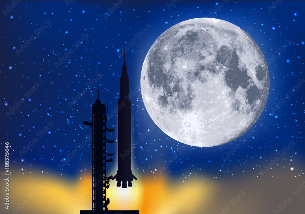 Naklejka premium lune - fusée - décollage - astronaute - cosmonaute - espace - pas de tir - exploration - symbole