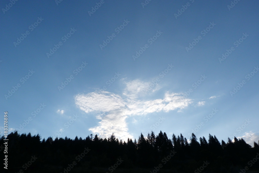 Clouds in the shape of a cross over a mountain forest at sunset.