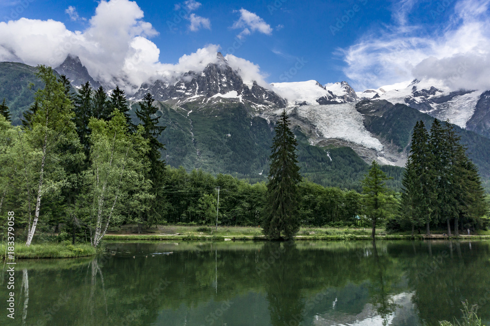 Lake Gaillands with a view of the Mont Blanc. Chamonix. France.