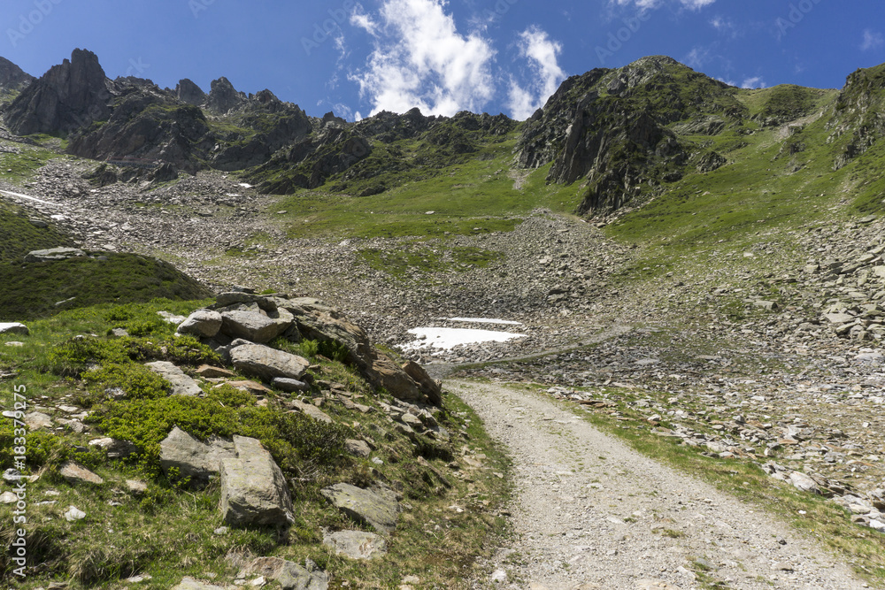 Summer view of mountain trail near the Le Brevent in the French Alps. Summer view of mountain trail near the Le Brevent in the French Alps.