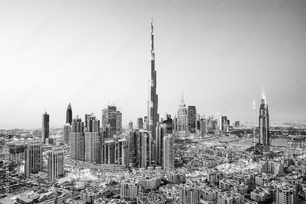 DUBAI ,UNITED ARAB EMIRATES-FEBRUARY 18, 2017: Beautiful Dubai downtown at the sunset,Dubai,United Arab Emirates