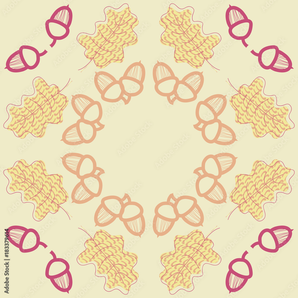 Acorns harvest, oak leaves pattern, scribbles. Hand drawn. Acorns harvest, oak leaves pattern, scribbles. Hand drawn.
