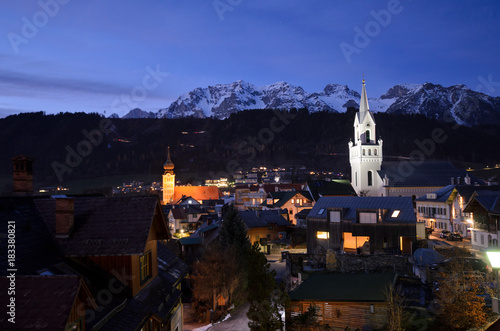 Panorama of Schladming and the Dachstein mountains at dawn, Styria, Austria