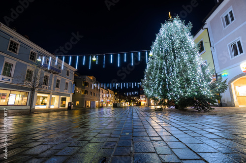 Main Square and Christmas tree of Schladming, Styria, Austria at night