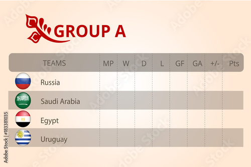 Football world championship 2018, group stage of the championship, group A table of results, vector template. The background is made in Russian style. Balalaika, kokoshnik, supporters, round flags