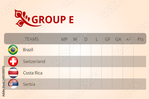 Football world championship 2018, group stage of the championship, group E table of results, vector template. The background is made in Russian style. Balalaika, kokoshnik, supporters, round flags