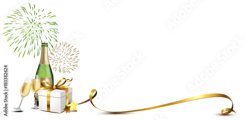 Sekt mit Feuerwerk, Geschenk, Sektgläser und Gold Band 