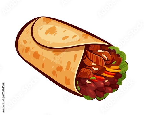 Burrito. Element of restaurant menu or eatery. Mexican food, meal, eating concept. Cartoon vector illustration