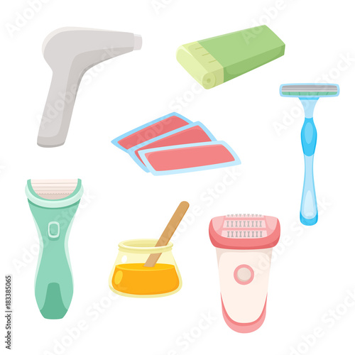 vector flat hair removal tools set. Electric epilator, shaver, shaving razor, waxing strips, hot wax in bowl and laser machine icons for your design. Isolated illustration on a white background.