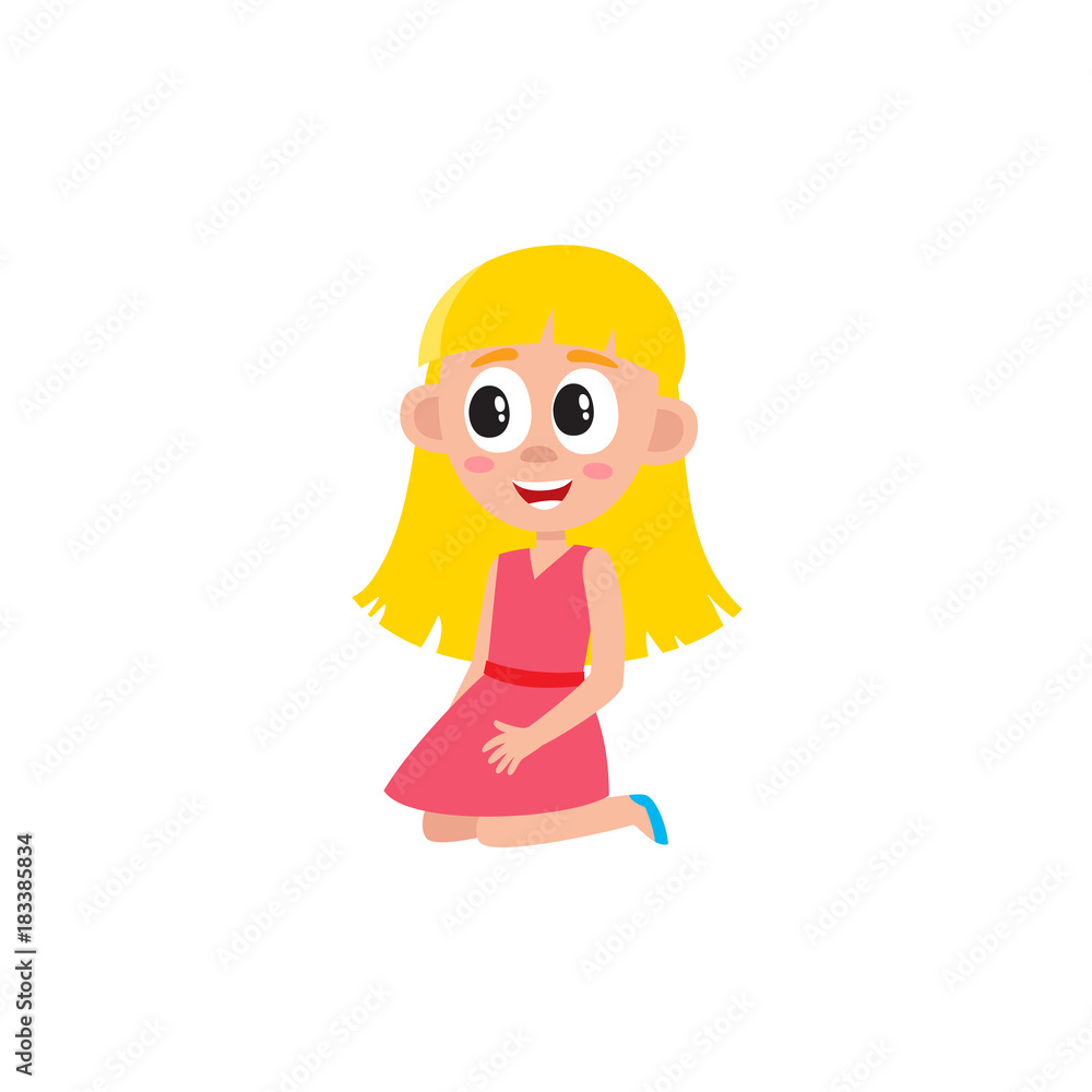 Little blond preschool, kindergarten girl in pink dress sitting on the floor, listening, cartoon vector illustration isolated on white background. Fair haired girl in pretty dress sitting on the floor Little blond preschool, kindergarten girl in pink dress sitting on the floor, listening, cartoon vector illustration isolated on white background. Fair haired girl in pretty dress sitting on the floor