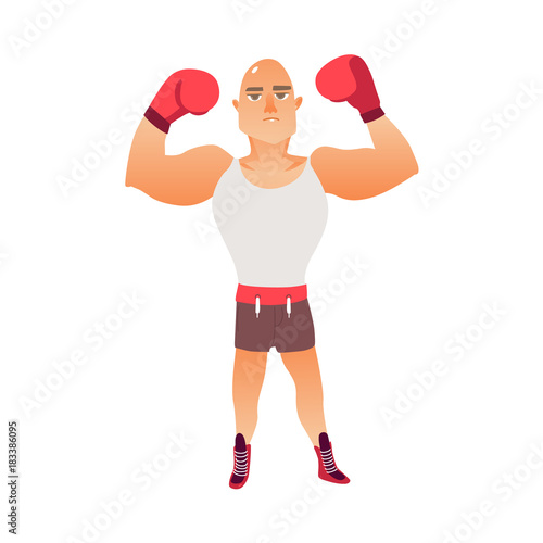 Young, bald Caucasian male boxer raising arms in boxing gloves, flat vector illustration isolated on white background. Front view full length portrait of young, bald Caucasian boxer