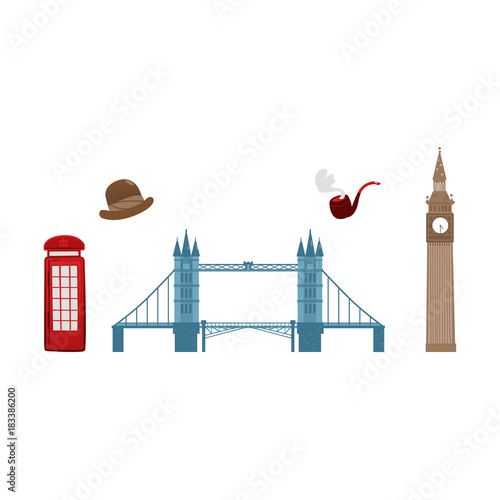 vector flat United kingdom, great britain symbols set. British phone booth, Tower Bridge and Big Ban Tower of London, gentleman hat and smoking pipe icon. Isolated illustration on a white background