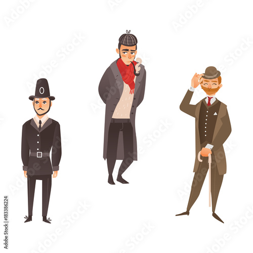 vector cartoon people in United kingdom national costumes set. English victorian gentleman in suit, hat holding cane umbrella, detective smoking pipe and english policeman. Isolated illustration