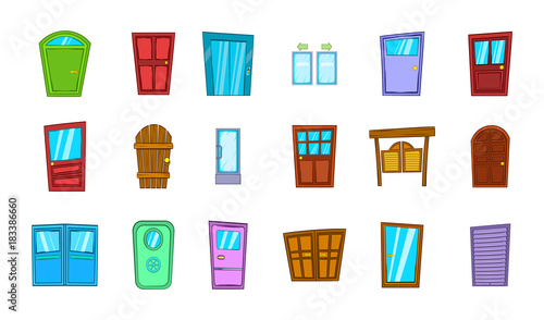 Door icon set, cartoon style